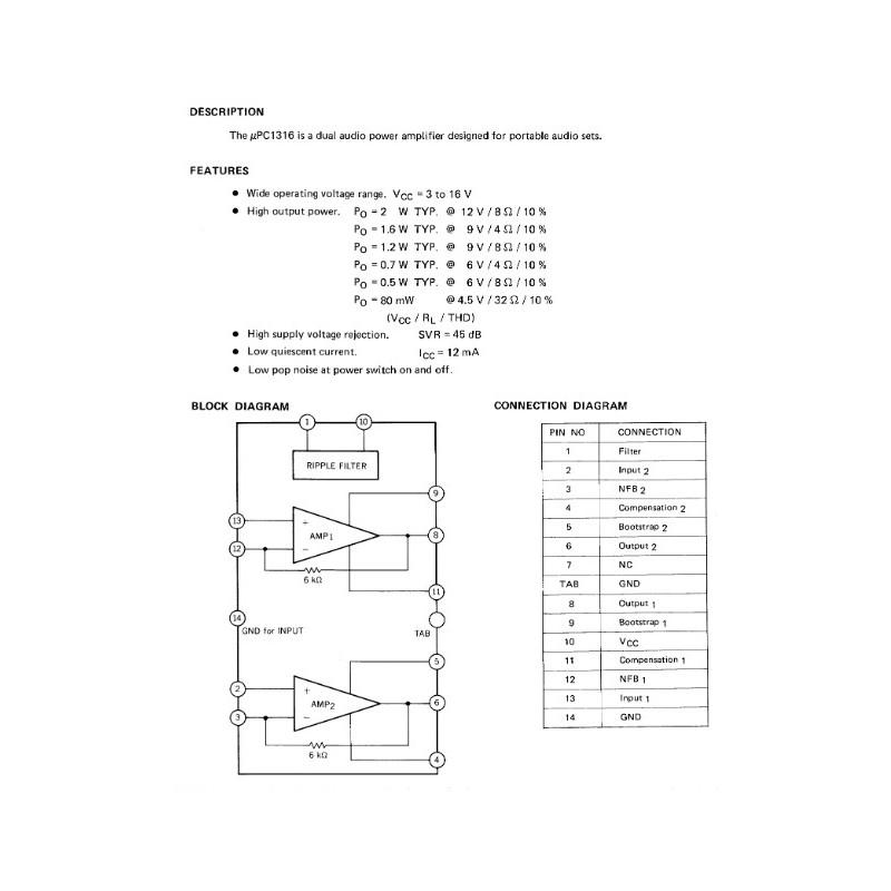 UPC1316C ไอซีขยายเสียงสเตริโอ-2W-12V