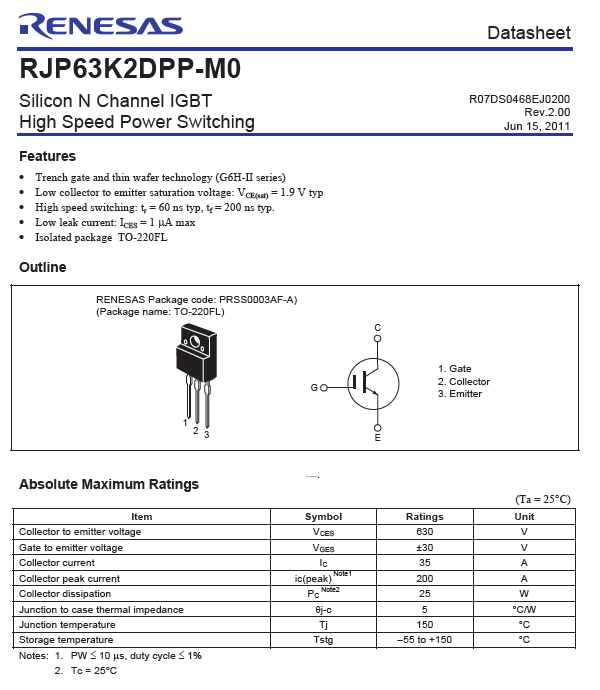RJP63K2 IGBT for DPD TV 630V 35A/200A