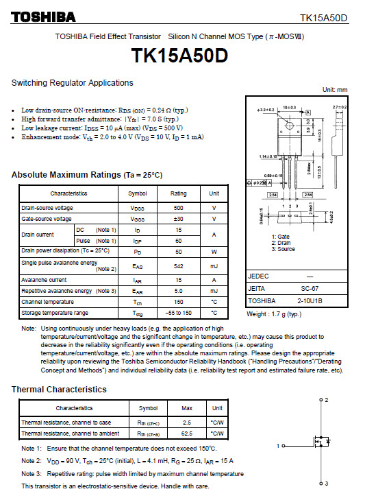 TK15A50D VDss : 600 V ID : 15 A TOSHIBA Field Effect Transistor Silicon N Channel TK15A50D VDss : 600 V ID : 15 A TOSHIBA Field Effect Transistor Silicon N Channel