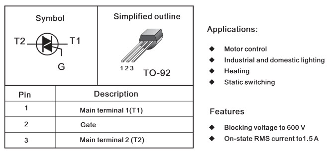 1A60 Triac 600V 1.5A