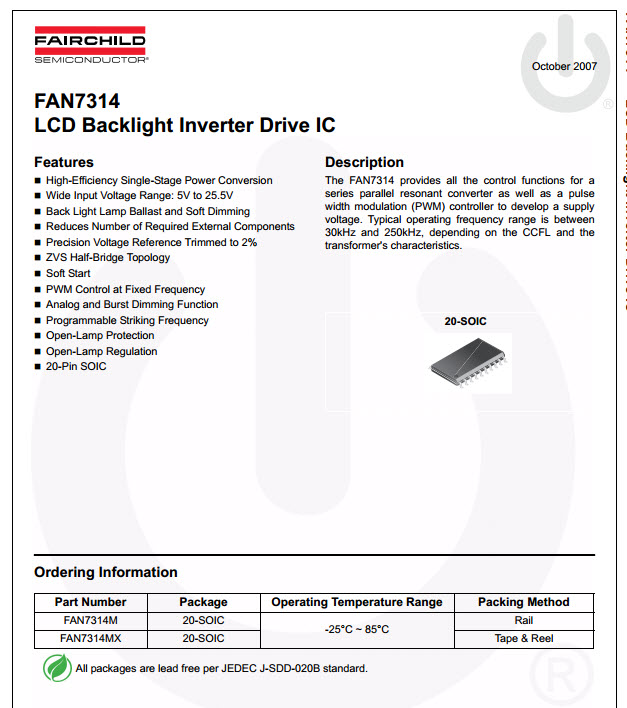 FAN7314 ไอซีแอลซีดีแบ๊คไลท์ไดร์เวอร์ / LCD Backlight Inverter Drive IC