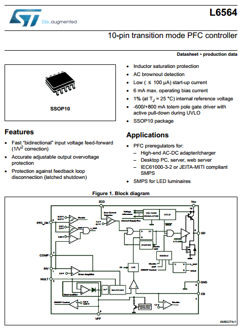 L6564 10-pin transition mode PFC controller