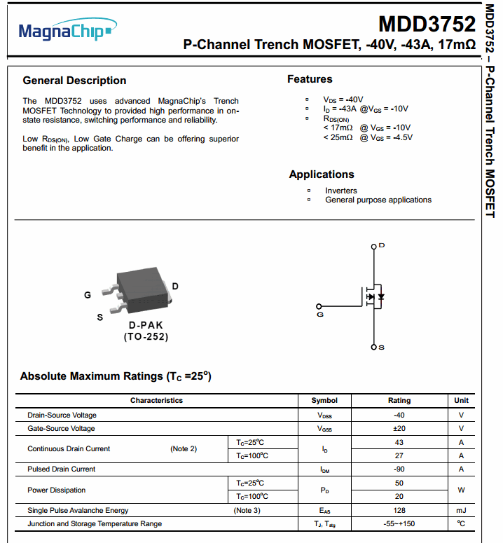 MDD3752 P-Channel Mosfet -40A -40A