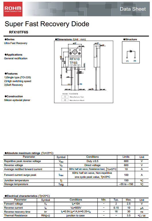 RXF10TF6S Ultra Fast Recovery Diode 600V 10A