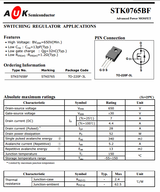 STK0765BF Mosfet for Switching Regulator 650V 7A
