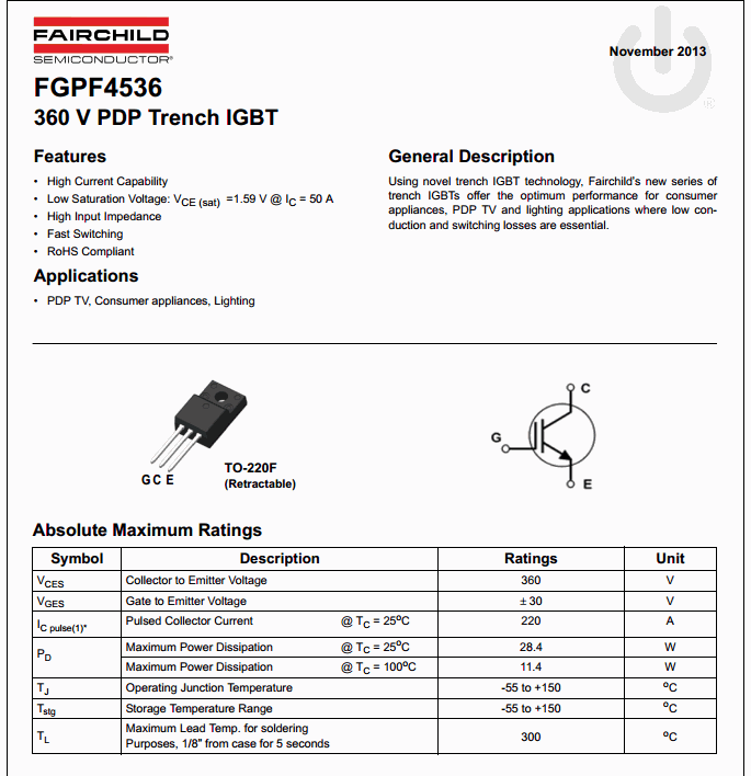 FGPF4536 360V 50A PDP Trench IGBT
