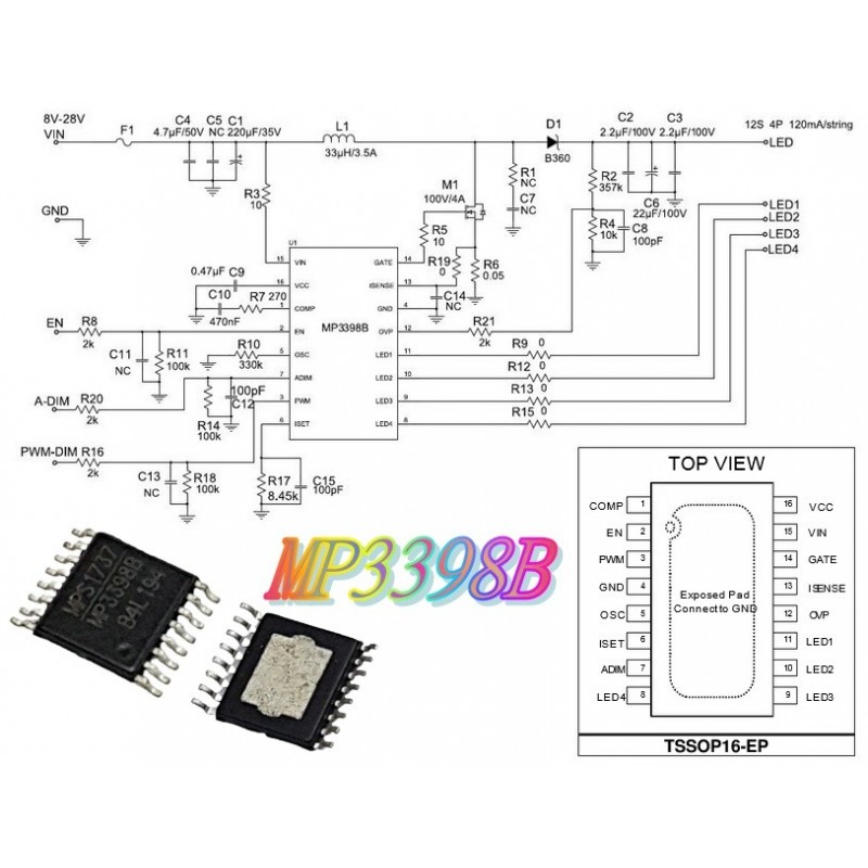 MP3398B-(TTSOP-16EP) แอลอีดีแบ็คไลท์คอนโทรล-4แถว